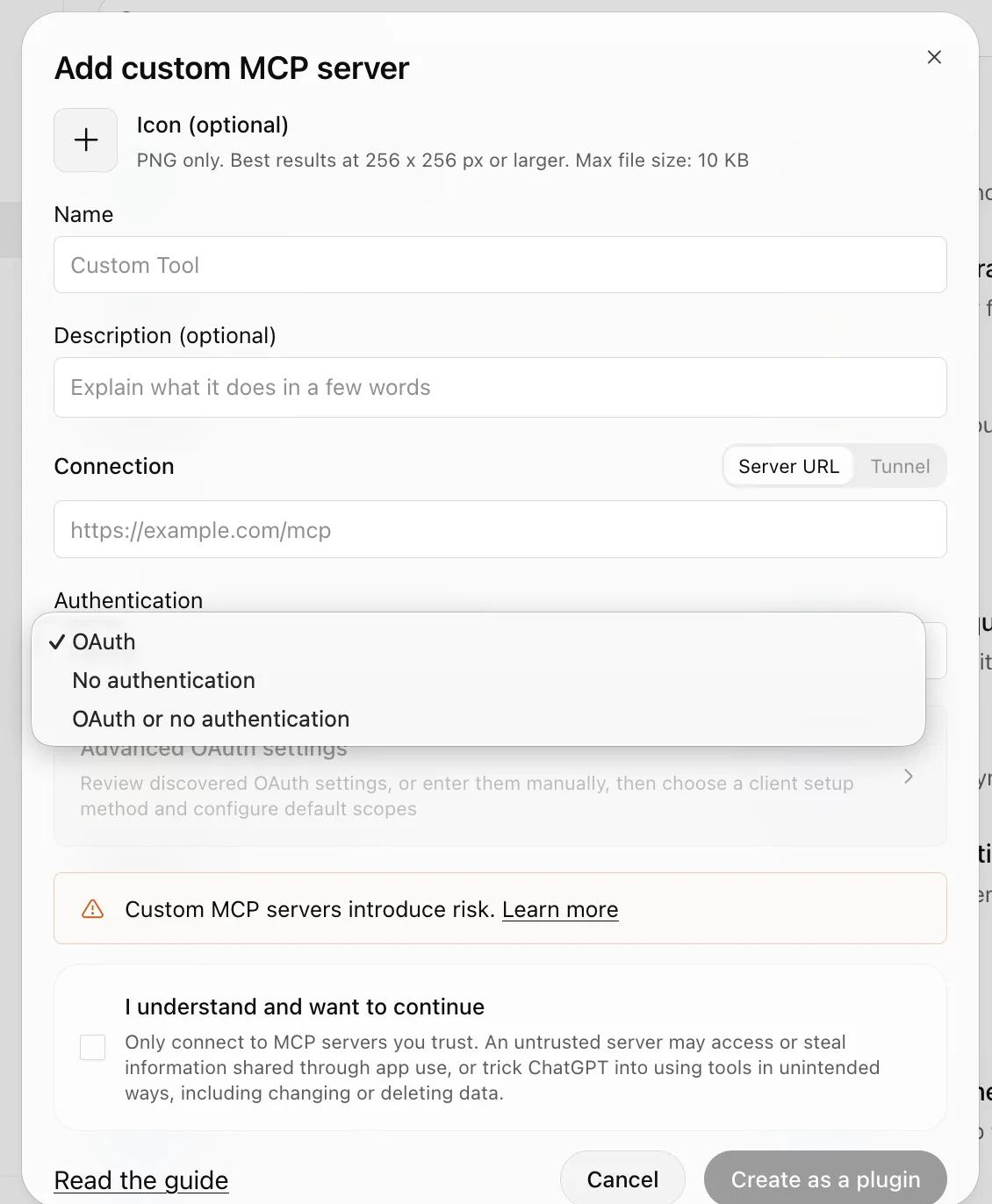 ChatGPT’s “Add custom MCP server” dialog: name, server URL, and the OAuth authentication choice